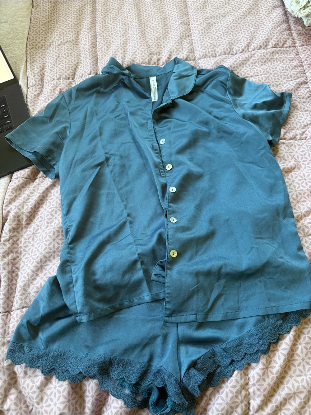 Flora Nikrooz Teal Short-Sleeve Button Pajama Set with Lace-Trim Shorts